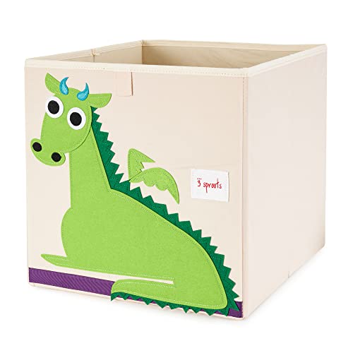 3 Sprouts Kids Childrens 13 Inch Square Felt Green Dragon Foldable Storage Cube Bin with Blue Snake and Yellow Rhino Fabric Storage Cube Bins