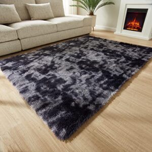 gkluckin shag ultra soft area rug, non-skid fluffy 5’x7′ tie-dyed grey&blue fuzzy indoor faux fur rugs for living room bedroom nursery decor furry carpet kids playroom