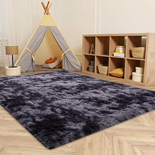 GKLUCKIN Shag Ultra Soft Area Rug, Non-Skid Fluffy 5'X7' Tie-Dyed Grey&Blue Fuzzy Indoor Faux Fur Rugs for Living Room Bedroom Nursery Decor Furry Carpet Kids Playroom