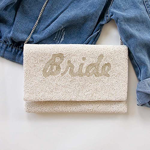 Pretty Robes BRIDE Clutch for Wedding Day, Beaded Bride Purse for Bachelorette, Silver Bride Bag, Bridal Shower & Engagement Gifts for Bride To Be
