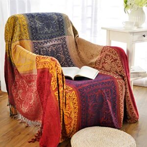 maynest bohemian tribal throws blankets reversible colorful red blue boho hippie chenille jacquard fabric throw covers large couch furniture sofa chair loveseat recliner oversized (red, s:75×60)