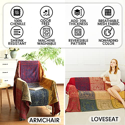 MayNest Bohemian Tribal Throws Blankets Reversible Colorful Red Blue Boho Hippie Chenille Jacquard Fabric Throw Covers Large Couch Furniture Sofa Chair Loveseat Recliner Oversized (Red, S:75x60)