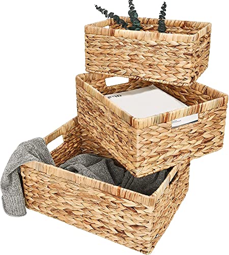 Yesland 3 Pack Water Hyacinth Storage Baskets, Natural Multisize Rectangular Storage Bins with Handle, Hand-Woven Organizer Container Bins with Iron Wire Frame for Bedroom, Living room