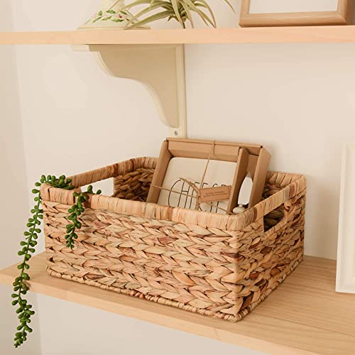 Yesland 3 Pack Water Hyacinth Storage Baskets, Natural Multisize Rectangular Storage Bins with Handle, Hand-Woven Organizer Container Bins with Iron Wire Frame for Bedroom, Living room