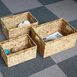 Yesland 3 Pack Water Hyacinth Storage Baskets, Natural Multisize Rectangular Storage Bins with Handle, Hand-Woven Organizer Container Bins with Iron Wire Frame for Bedroom, Living room