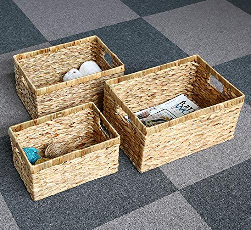 Yesland 3 Pack Water Hyacinth Storage Baskets, Natural Multisize Rectangular Storage Bins with Handle, Hand-Woven Organizer Container Bins with Iron Wire Frame for Bedroom, Living room