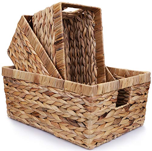 Yesland 3 Pack Water Hyacinth Storage Baskets, Natural Multisize Rectangular Storage Bins with Handle, Hand-Woven Organizer Container Bins with Iron Wire Frame for Bedroom, Living room