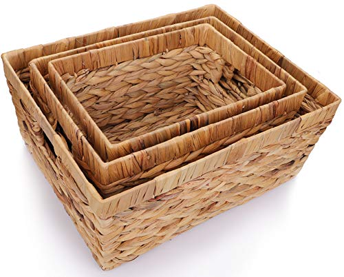 Yesland 3 Pack Water Hyacinth Storage Baskets, Natural Multisize Rectangular Storage Bins with Handle, Hand-Woven Organizer Container Bins with Iron Wire Frame for Bedroom, Living room