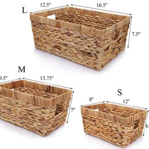 Yesland 3 Pack Water Hyacinth Storage Baskets, Natural Multisize Rectangular Storage Bins with Handle, Hand-Woven Organizer Container Bins with Iron Wire Frame for Bedroom, Living room