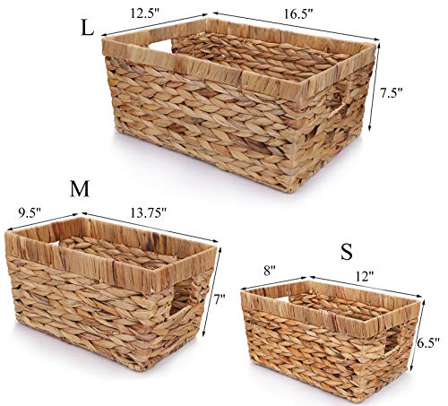 Yesland 3 Pack Water Hyacinth Storage Baskets, Natural Multisize Rectangular Storage Bins with Handle, Hand-Woven Organizer Container Bins with Iron Wire Frame for Bedroom, Living room