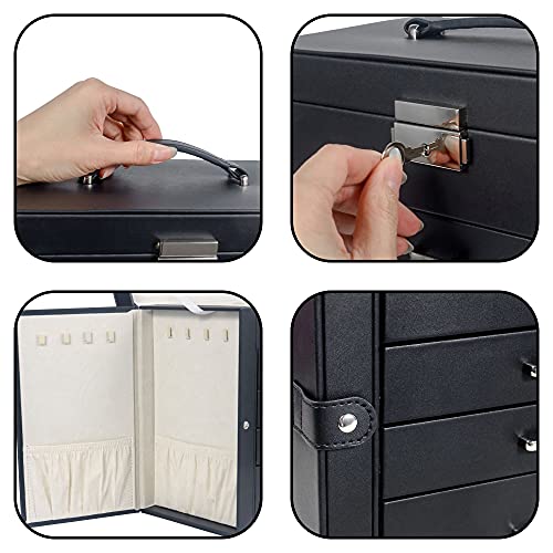 Kendal Large Black Leather Jewelry Box with Lock and Key, 5-Layer Watch Jewelry Organizer for Men with Mirror, Jewelry Storage, Jewelry Case, Bracelets Necklace Holder, Valentine GiftS for Women