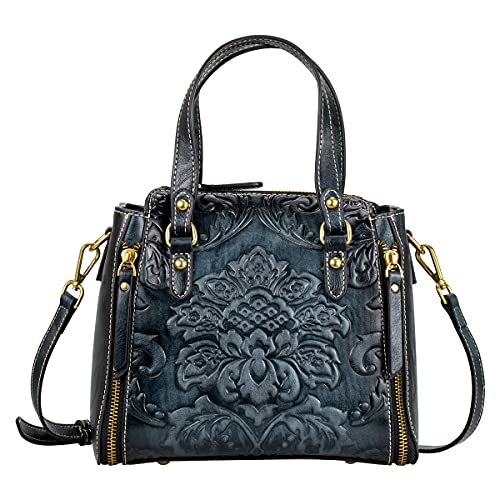 Crossbody Bag for Women Leather Top Handle Tote Purses Vintage Satchels Handbag (Flower Pattern- Blue)