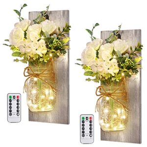wall decor mason jar sconces – home decor wall art hanging design with remote control led fairy lights and white rose, farmhouse wall decorations for bedroom living room lights set of two