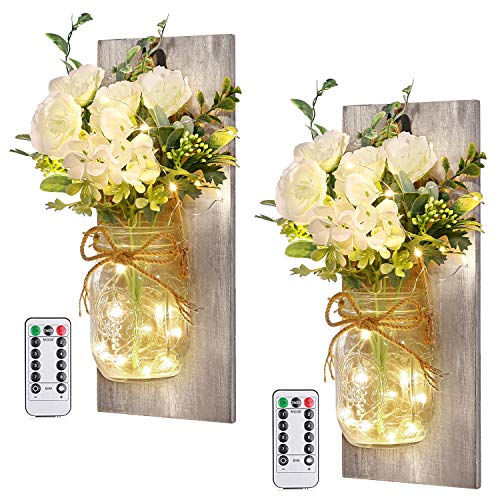 Wall Decor Mason Jar Sconces - Home Decor Wall Art Hanging Design with Remote Control LED Fairy Lights and White Rose, Farmhouse Wall Decorations for Bedroom Living Room Lights Set of Two