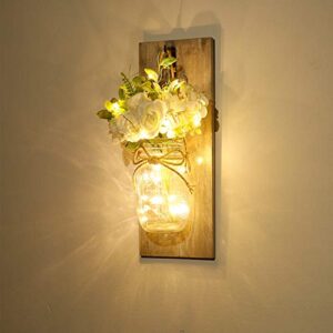 Wall Decor Mason Jar Sconces - Home Decor Wall Art Hanging Design with Remote Control LED Fairy Lights and White Rose, Farmhouse Wall Decorations for Bedroom Living Room Lights Set of Two