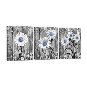 zlove 3 pieces bathroom picture wall decor rustic blue daisy flowers giclee print gallery wrap modern floral home kitchen decor ready to hang 12x16inchx3pcs