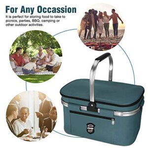 UPBOXN Insulated Cooler Bag Picnic Basket, 27L Leakproof Collapsible Portable Cooler, Grocery Bag Picnic kit with Aluminium Handle for Travel, Shopping, Camping, Music Festival Oktoberfest, Navy