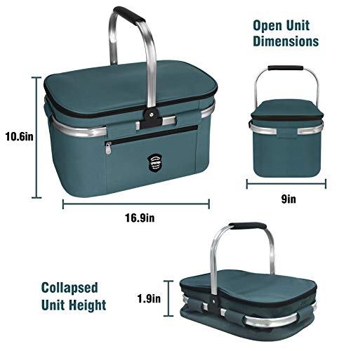 UPBOXN Insulated Cooler Bag Picnic Basket, 27L Leakproof Collapsible Portable Cooler, Grocery Bag Picnic kit with Aluminium Handle for Travel, Shopping, Camping, Music Festival Oktoberfest, Navy