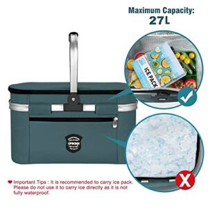 UPBOXN Insulated Cooler Bag Picnic Basket, 27L Leakproof Collapsible Portable Cooler, Grocery Bag Picnic kit with Aluminium Handle for Travel, Shopping, Camping, Music Festival Oktoberfest, Navy