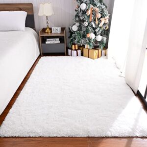 maxsoft fluffy shag bedroom rug, 4×6 feet white area rugs for living room nursery bedside, fuzzy plush dorm rug for girls kids, furry carpet for indoor modern soft home decor