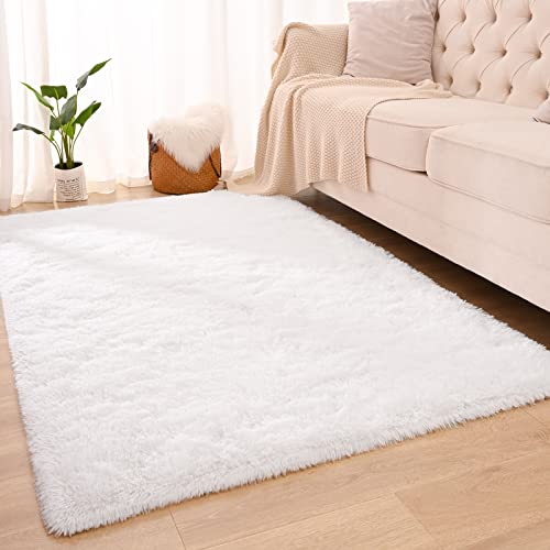 Maxsoft Fluffy Shag Bedroom Rug, 4x6 Feet White Area Rugs for Living Room Nursery Bedside, Fuzzy Plush Dorm Rug for Girls Kids, Furry Carpet for Indoor Modern Soft Home Decor