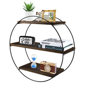 befayoo floating shelves for wall, rustic wood geometric style decor shelf for bathroom bedroom living room kitchen office (round, retro brown)