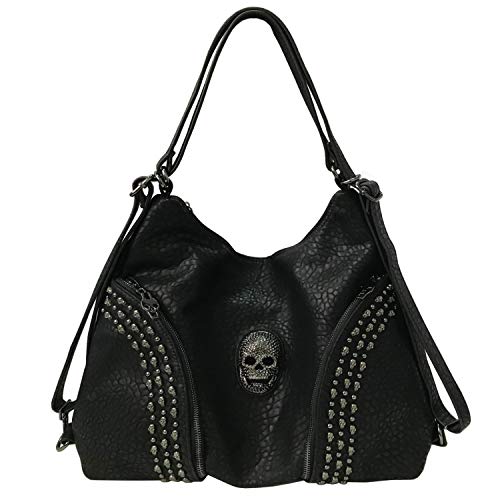 Over-size Studded Skull Shoulder Bag for Women and Men, 3 Ways Multifunction Backpack Punk Rivet Crossbody Bags Handbag and Pursesr Bags (Black-skull)