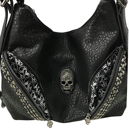 Over-size Studded Skull Shoulder Bag for Women and Men, 3 Ways Multifunction Backpack Punk Rivet Crossbody Bags Handbag and Pursesr Bags (Black-skull)