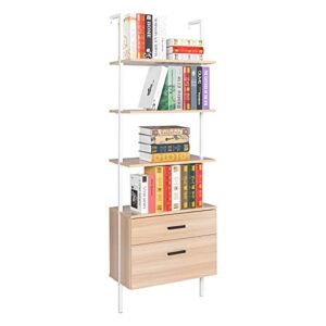 wei wei global 3 tiers industrial wall-mounted bookshelf with 2 wood drawers & matte steel frame, oak