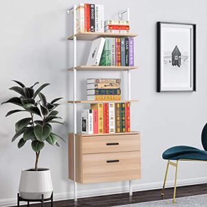 WEI WEI GLOBAL 3 Tiers Industrial Wall-Mounted Bookshelf with 2 Wood Drawers & Matte Steel Frame, Oak