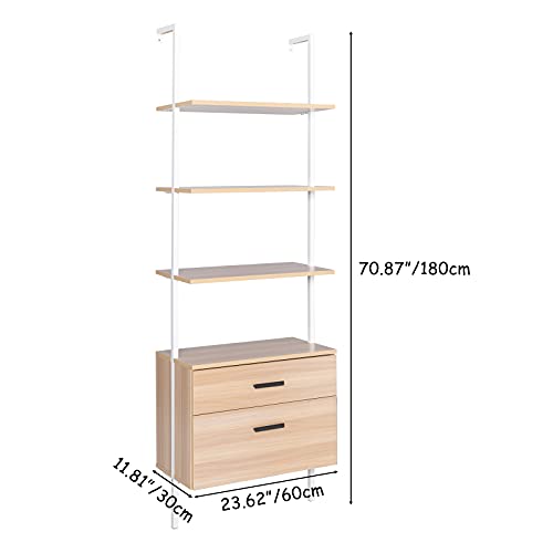 WEI WEI GLOBAL 3 Tiers Industrial Wall-Mounted Bookshelf with 2 Wood Drawers & Matte Steel Frame, Oak