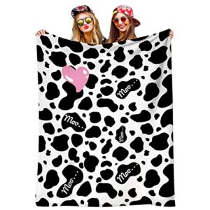 diykst cow print blanket black and white cow throw blanket flannel fleece super soft fuzzy cozy couch gift for mom merry christmas new year gift(50″ x 60″)
