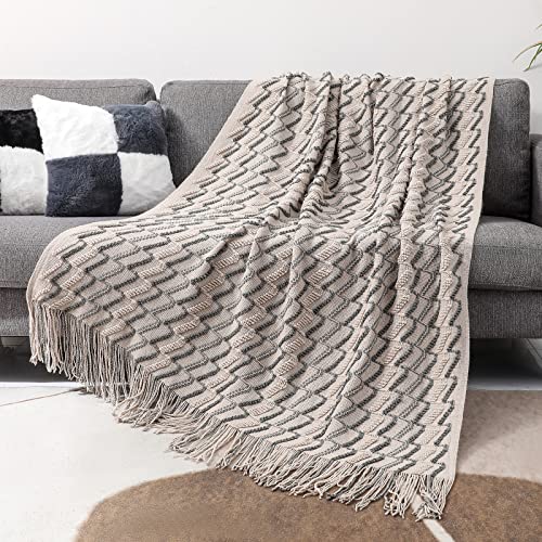 Bigreat Knitted Throw Blanket, 50x60 Inch, Textured Throw Blankets for Couch Bed Sofa Travel, Knit Woven Blanket for Women, Men and Kids, Boho Decorative Blanket with Tassels