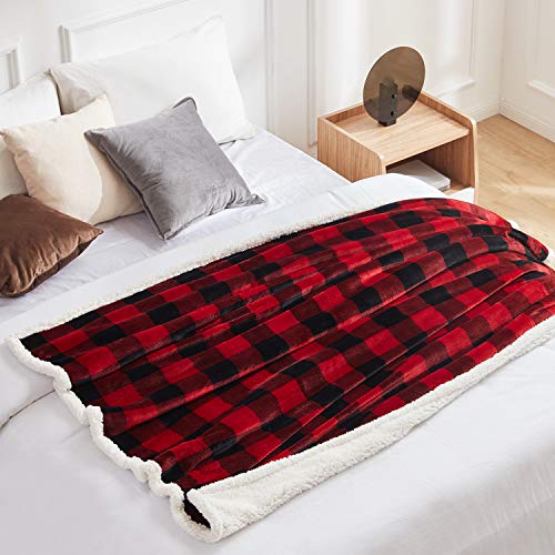 Touchat Sherpa Red and Black Buffalo Plaid Christmas Throw Blanket, Fuzzy Fluffy Soft Cozy Blanket, Fleece Flannel Plush Microfiber Blanket for Couch Bed Sofa (60" X 70")