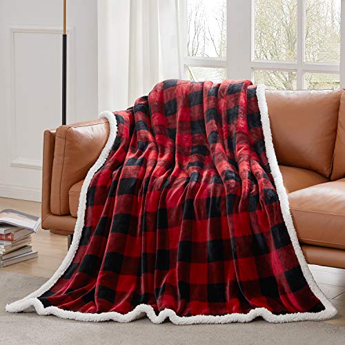 Touchat Sherpa Red and Black Buffalo Plaid Christmas Throw Blanket, Fuzzy Fluffy Soft Cozy Blanket, Fleece Flannel Plush Microfiber Blanket for Couch Bed Sofa (60" X 70")