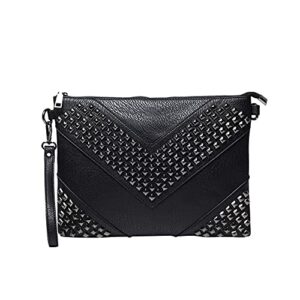 nigedu oversized clutch bag purse women pu leather crossbody shoulder bags studded wristlet handbag rivet envelope clutches (black)