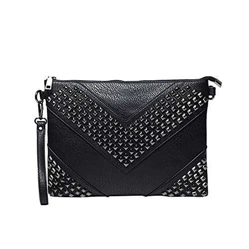 NIGEDU Oversized Clutch Bag Purse Women PU Leather Crossbody Shoulder Bags Studded Wristlet Handbag Rivet Envelope Clutches (Black)