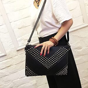 NIGEDU Oversized Clutch Bag Purse Women PU Leather Crossbody Shoulder Bags Studded Wristlet Handbag Rivet Envelope Clutches (Black)