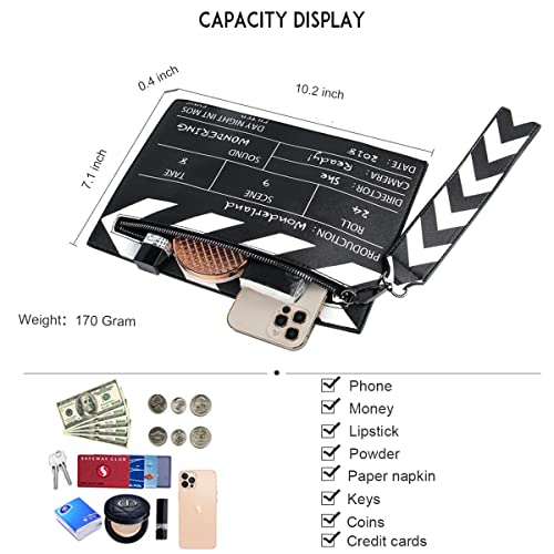 Novelty Evening Purse Envelope Wristlet Crossbody Shoulder Handbag for Women Girls Movie Film Cut Action Clapboard Clutch Black