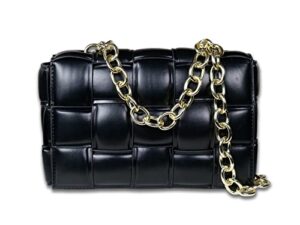 bella luna woven padded cassette-style crossbody handbag purse for women with chain bag (black-chain)