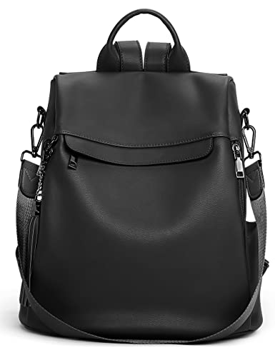 Telena Backpack Purse for Women, PU Leather Anti Theft Travel Backpack Purse Shoulder Bags with Tassel Pure Black