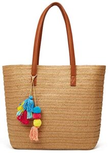 obosoyo straw bags beach bag for women large round wicker tote bags pompom shoulder bag summer purse (d-khaki)