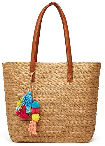 Obosoyo Straw Bags Beach Bag for Women Large Round Wicker Tote Bags Pompom Shoulder Bag Summer Purse (D-Khaki)