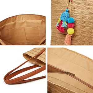 Obosoyo Straw Bags Beach Bag for Women Large Round Wicker Tote Bags Pompom Shoulder Bag Summer Purse (D-Khaki)