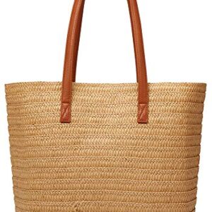 Obosoyo Straw Bags Beach Bag for Women Large Round Wicker Tote Bags Pompom Shoulder Bag Summer Purse (D-Khaki)