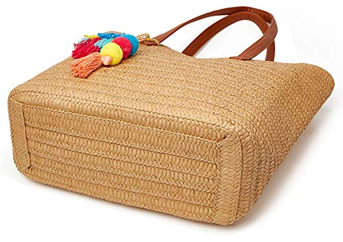 Obosoyo Straw Bags Beach Bag for Women Large Round Wicker Tote Bags Pompom Shoulder Bag Summer Purse (D-Khaki)