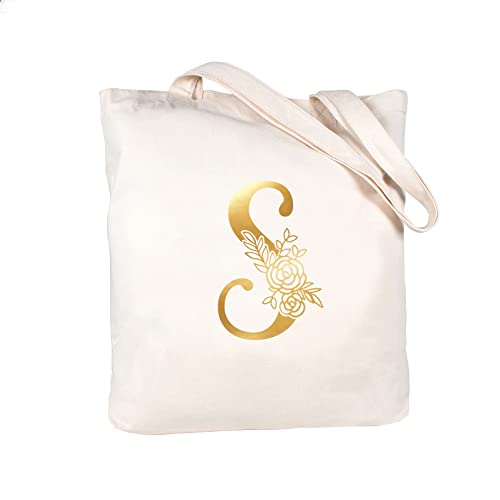 CARAKNOTS Canvas Tote Bag Initial S Birthday Gifts for Women Personalized Monogrammed Tote Bag for Wedding Valentine's Christmas Graduation Gifts for Teacher Mom Friends Sister Initial Bag Cotton