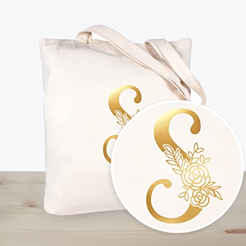 CARAKNOTS Canvas Tote Bag Initial S Birthday Gifts for Women Personalized Monogrammed Tote Bag for Wedding Valentine's Christmas Graduation Gifts for Teacher Mom Friends Sister Initial Bag Cotton