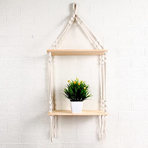 levylisa Macrame Wall Hanging Shelf 2 Tier Boho Shelves Organizer Hanger Floating Shelve for Kitchen, Bathroom, Home Storage, Floating Indoor Plant Wall Shelf