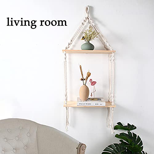 levylisa Macrame Wall Hanging Shelf 2 Tier Boho Shelves Organizer Hanger Floating Shelve for Kitchen, Bathroom, Home Storage, Floating Indoor Plant Wall Shelf